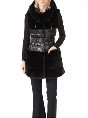 Lyon- Black Quilted Faux-Fur Hooded Vest with Belted Waist